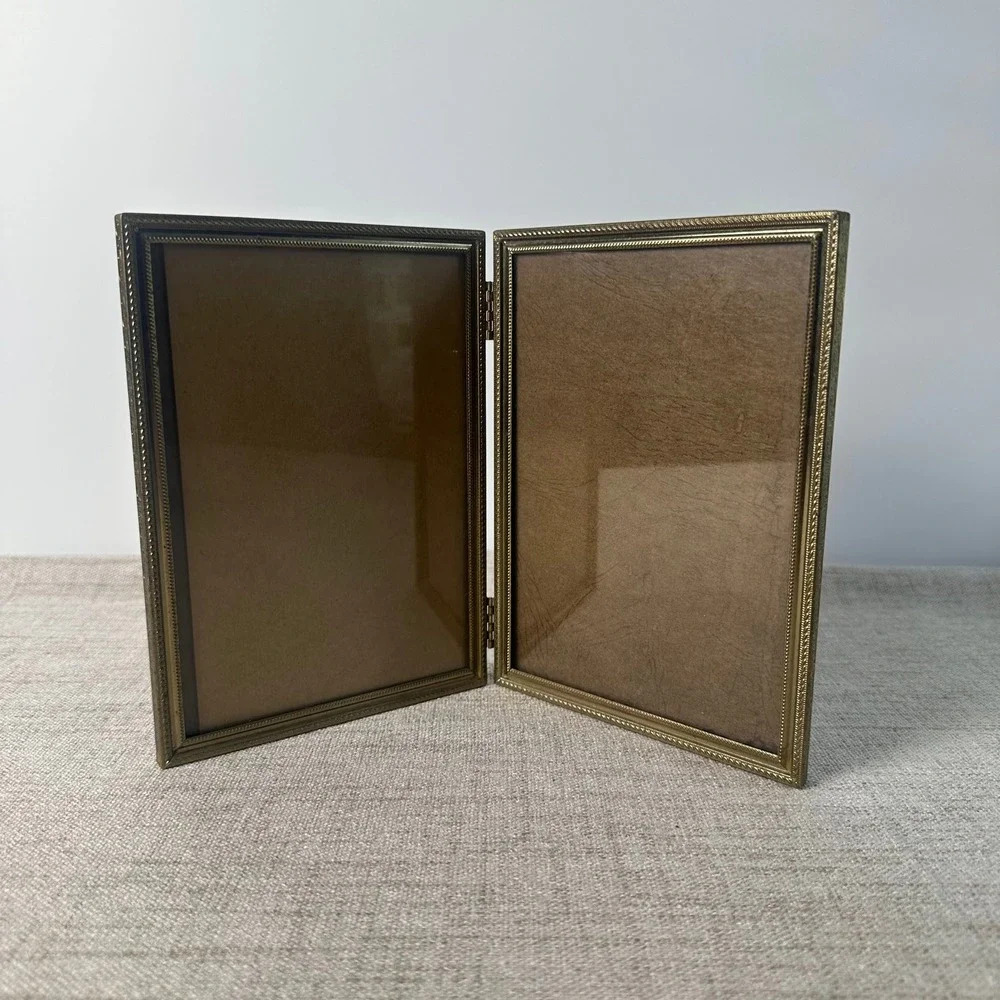 Vintage Brass Tone Double Picture Frame 5x7 | Ornate Hinged Folding Metal Frame